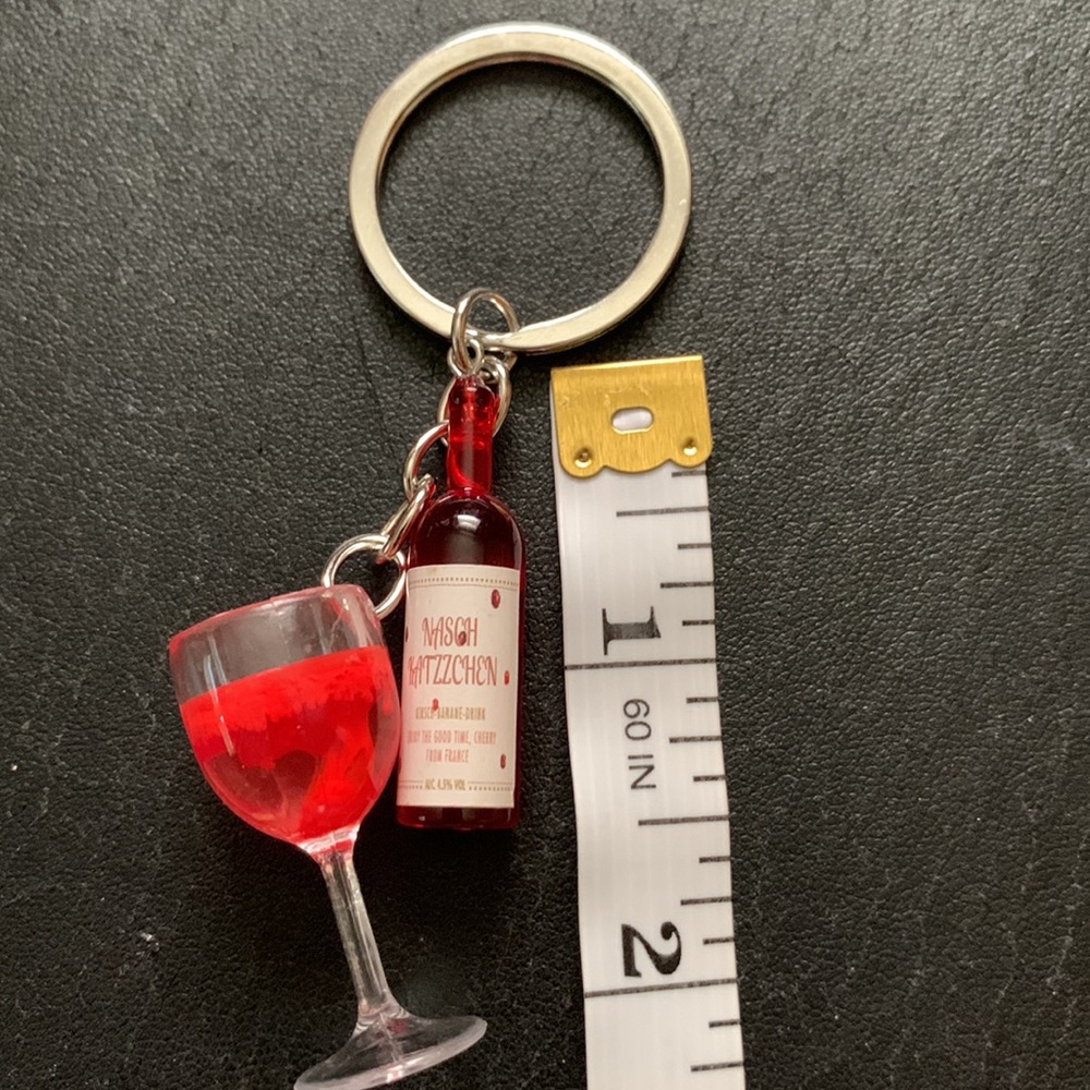 NEW!🍒 KEYRING Red Cherry Wine Glass & Wine Bottle Charms Keychain / Purse Charm - Picture 5 of 7